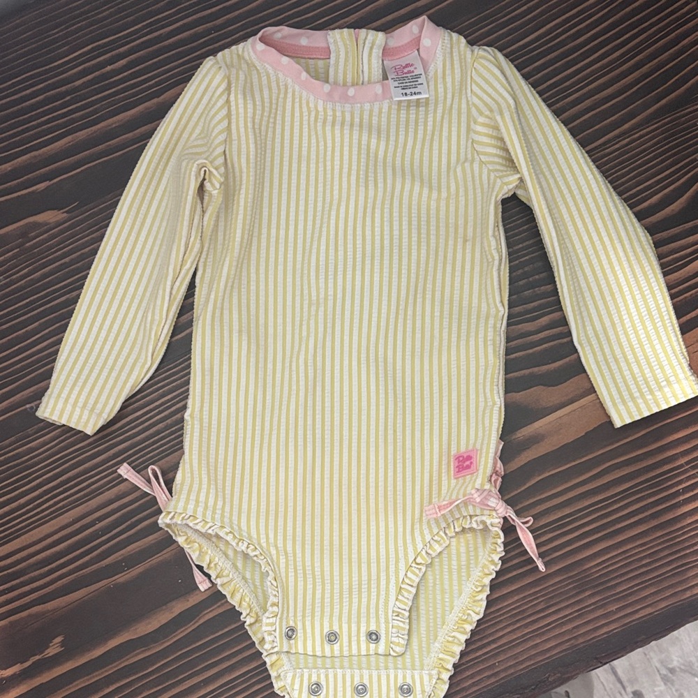 Ruffle Butts Yellow and Pink Striped One Piece 18-24 months